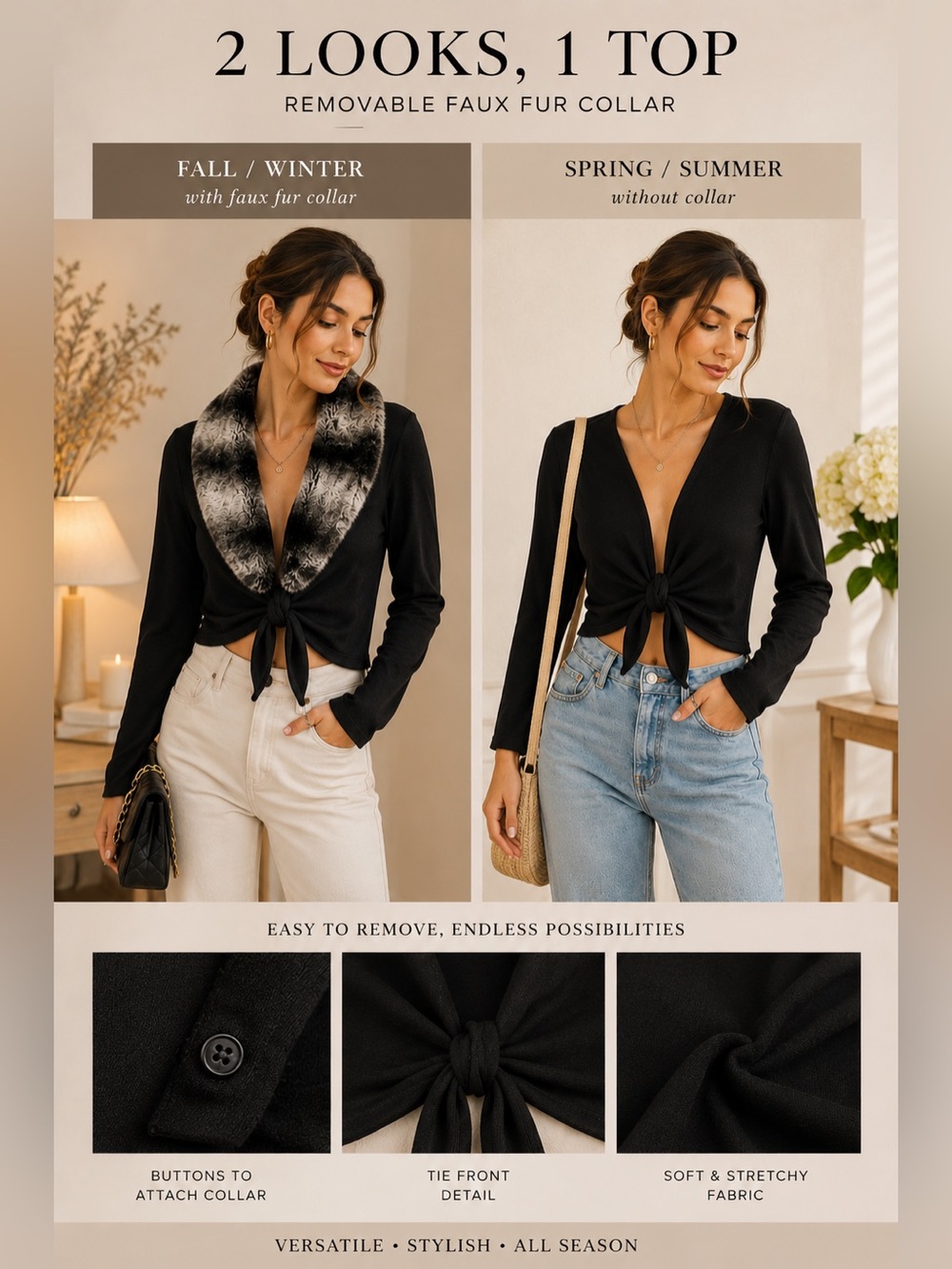 Tribal Black Tie-Front Cardigan with Removable Faux Fur Collar — Size Small